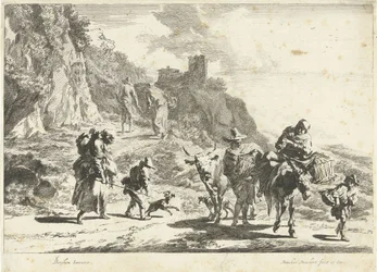 Woman on a Packed Donkey, Man with Cow and Other Travelers in Mountain Landscape