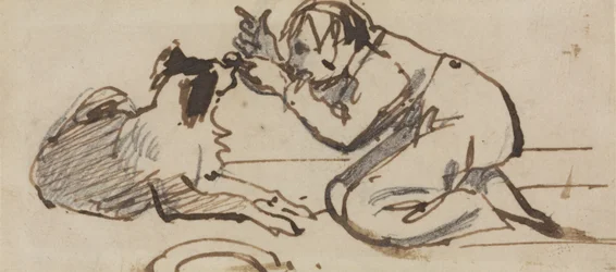 A child playing with a dog