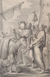 Figures at Right Near a Ship, Some Holding Up Animals Over Their Heads, a Horse at Left