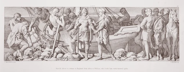 Harold, about to return to England, bids adieu to William, who loads him with farewell gifts, from 