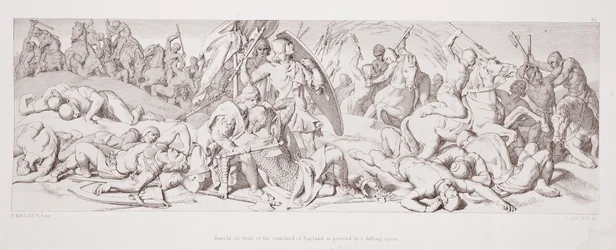 Harold, in front of the Standard of England, is pierced by a falling arrow, from 