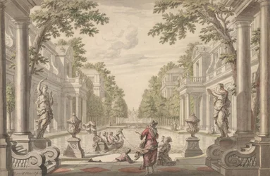 View of a Palace Garden with a Central Pond Surrounded by Classical Architecture