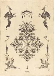 Brooch with Fantasy Animals at Top and Fauns with Vases at Bottom