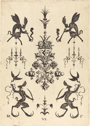 Brooch with Winged Fauns Blowing Trumpets at Top and Fantasy Creatures with Birds at Bottom