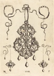 Strapwork Pendant with Two Square Tablestones as Earrings at Left and Right
