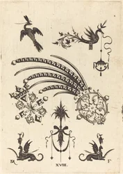 Two Brooches with Bird and Winged Snake at Top and Griffins with Vases at Bottom