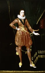 Portrait of King Charles I as the Prince of Wales, Full Length, Before a Green Velvet Drape, Wearing the Order of Saint George, a Gold Embroidered Doublet and Breeches, His Left Hand Resting Beside His Hat on a Table