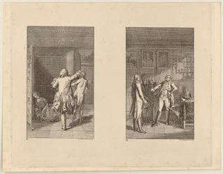 Baron Chases Candide Out of the Castle [left]; Candide, Cunegonde and the Old Woman Before the Governor of Buenos Aires [right]