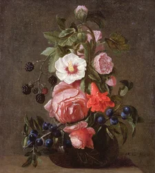 A Still Life of Mixed Flowers and Berries in a Glass Vase