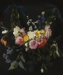 Garland of Flowers Suspended from Two Blue Ribbons