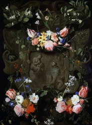 Marble Niche Decorated with Flowers Containing a Representation of the Adoration of the Virgin