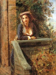Young Girl at Window or Young Woman on Balcony