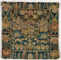 Tapestry cushion cover depicting Samson Slaying the Lion
