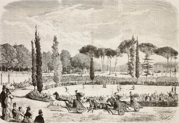 Chariot races in Villa Borghese, Rome, Italy, engraving from drawing by Dante Paolocci