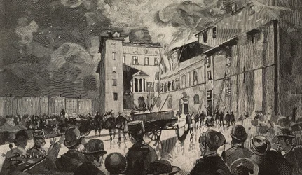 Fire of Israeli Schools of 1893, Rome, Italy, engraving after drawing by Dante Paolocci, from L