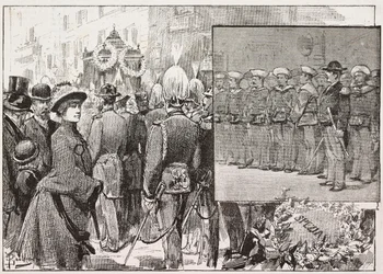 Funeral of Admiral Luigi Buglione di Monale (1821-1884), Rome, Italy, Engraving from Drawing by Dante Paolocci, from L