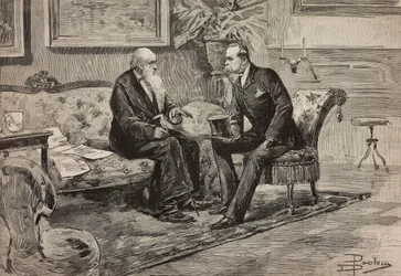 King Umberto I of Savoy and President of Council Agostino de Pretis (engraving)