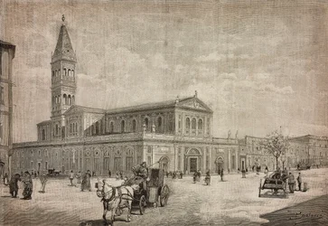 New church of Sacred Heart in Rome, Italy, engraving from drawing by Dante Paolocci