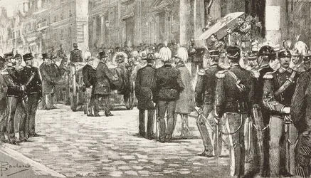 Politicians and officers attending funeral procession of Luigi Mezzacapo, Italian politician and officer, Rome, Italy, engraving from drawing by Dante Paolocci