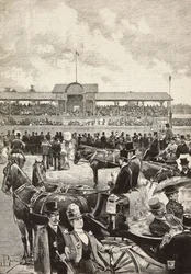 The grandstand, horse racing in Turin, Italy, engraving from drawing by Dante Paolocci