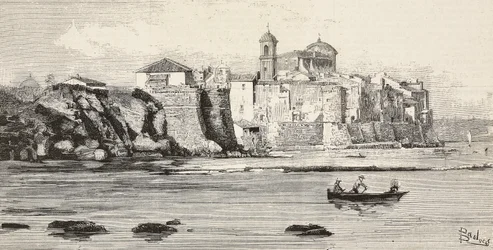 View of Nettuno, Italy, Engraving from Drawing by Dante Paolocci, from L