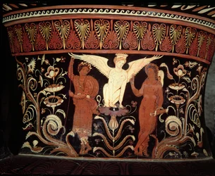 Apulian red-figure volute crater, detail of the neck depicting Oedipus and the Sphinx