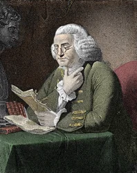 Portrait of Benjamin Franklin, American philosopher, physicist and ambassador. Engraving after a painting by David Martin