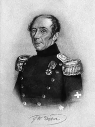 Portrait of Guillaume-Henri Dufour (1787-1875), Swiss general, engineer, topographer, and co-founder of the International Committee of the Red Cross, engraving after a drawing by Karl Friedrich Irminger (1813-1863)