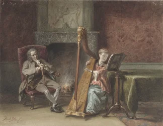 Interior with Girl Playing Harp and a Gentleman Watching from a Chair