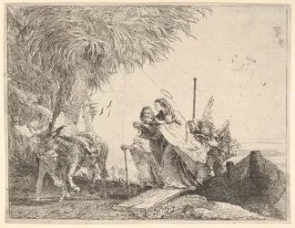 Mary, Helped by Joseph and an Angel, Stepping from a Boat to the Shore, an Angel Steadies