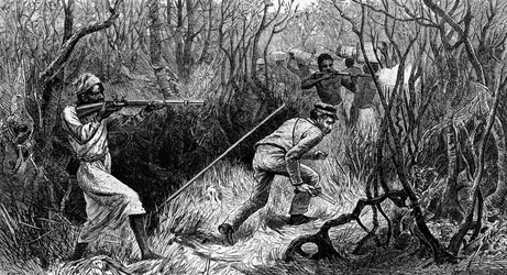 Manyema ambush, Central Africa, engraving from Last Journals of David Livingstone, by David Livingstone