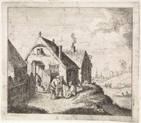Three Men in Conversation by a House