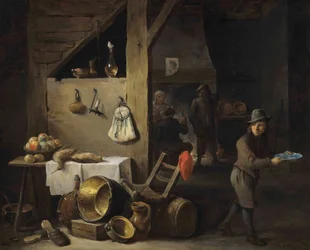 A Kitchen Interior with a Young Boy and Three Figures Drinking and Smoking
