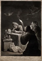 A Man Reading a Book, Smiling; Next to Him a Hooded Man