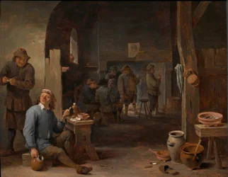 The Interior of an Inn with Peasants Smoking by a Table and Conversing before a Fire