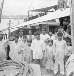 The captain and crew on board the Indian kotia type dhow Karimi anchored at Colombo, Ceylon