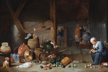 A Kitchen Interior with a Woman Preparing Vegetables, Figures in Conversation Beyond