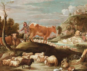 A Cowherd with Cattle and Sheep Near a Stream