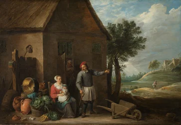 A Farmer at a Cottage Door with a Seated Woman and Child