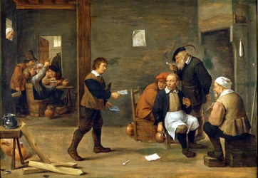 A group of men warming up in front of a chimney.