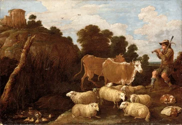 A River Landscape with a Herdsman Playing a Pipe with Classical Ruins on a Hilltop Beyond