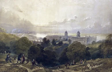 View of Greenwich, one summer evening, from the heights of the park, at the back, the London skyline