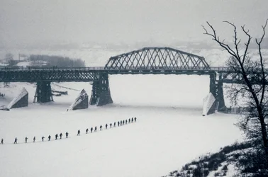 Novosibirsk, Ob River, Siberia, USSR, Students Cross the Frozen Ob River by Foot in Snow, Winter 1976