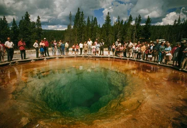 Park visitors gather around blue-green, blossom-shaped thermal pool. Yellowstone National Park