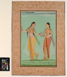 A standing lady offered a tray by her maid, c.1670