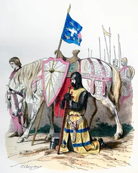 A knight saying a prayer before departing for the second crusade