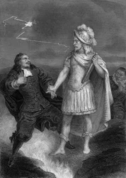 Play Don Juan by Moliere: Don Juan with the Statue of the Commander, engraving by Delannoy after a drawing by G. Staal (1870)