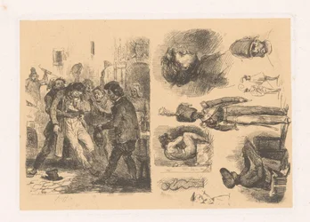 Group of Men, Next to a Composition Including a Soldier