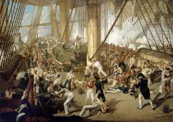 The fall of Horatio Nelson (1758-1805), at the Battle of Trafalgar, October 21
