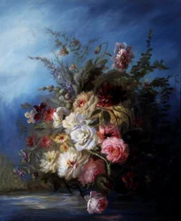 Still Life. Bouquet of flowers by the water with roses and tulips. Painting by Denis Pierre Bergeret. Private collection.